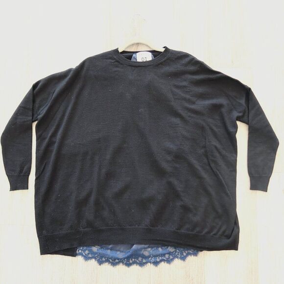 SEMICOUTURE 100% wool sweater Italy black blue lace oversize M mature quiet lux - Picture 1 of 9